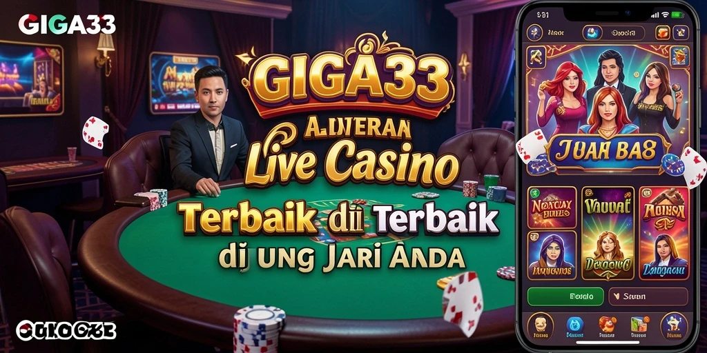 Screenshot permainan GIGA33 menunjukkan dealer profesional dan suasana Live Casino yang nyata.