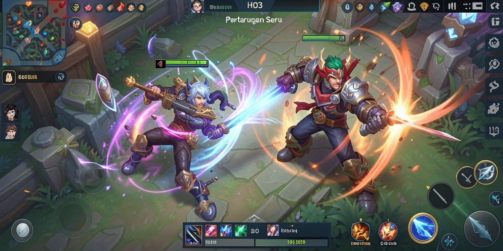 Screenshot gameplay HO3 dengan aksi pertarungan seru di arena MOBA.