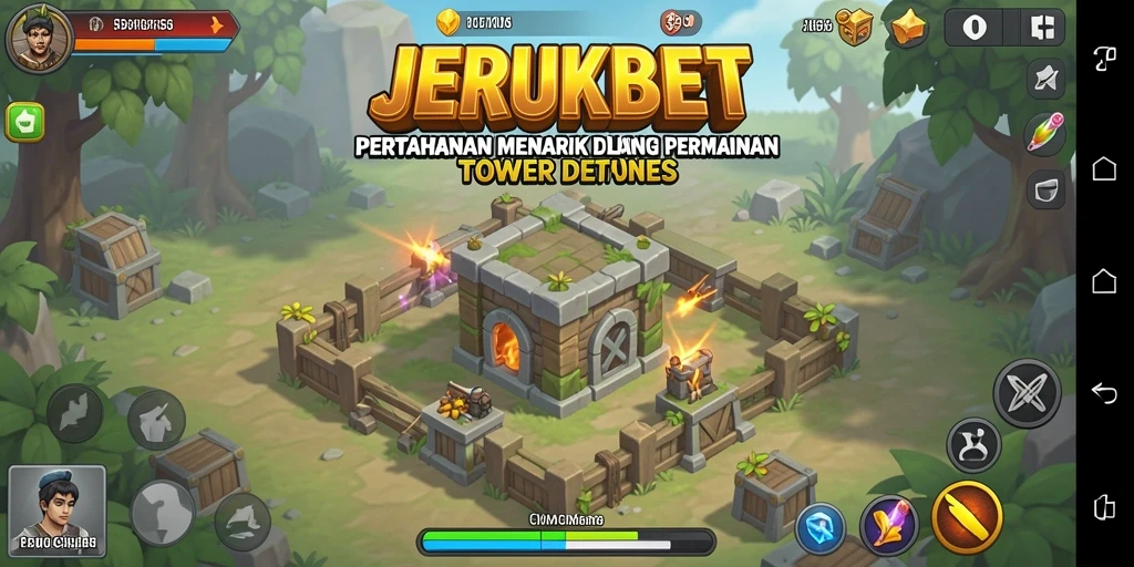 Tampilan utama gameplay JERUKBET menunjukkan menara bertahan dari serangan musuh.