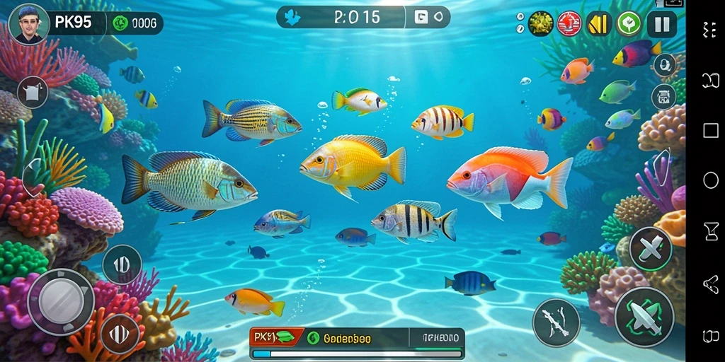 Tangkapan layar gameplay PK95 dengan aksi menembak ikan yang seru.