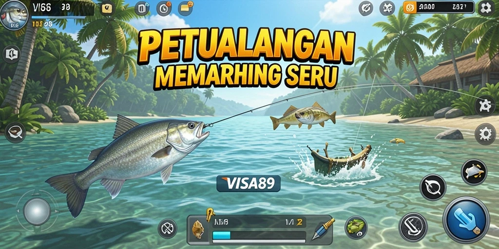 Tampilan gameplay <strong>VISA89</strong> dengan berbagai jenis ikan dan lokasi menarik.